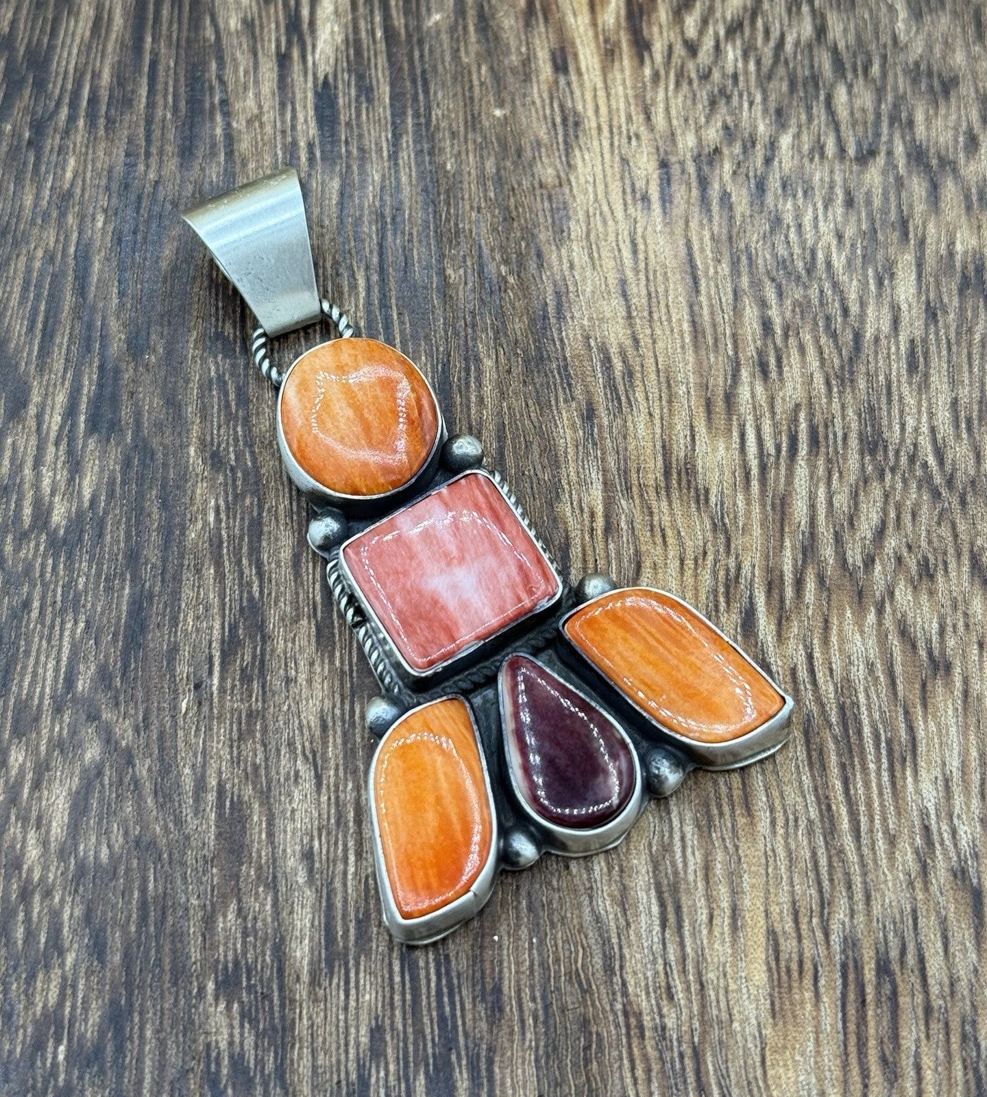 Native Navajo Handmade Sterling Silver Multi Spiny Oyster Shell Cluster Pendant