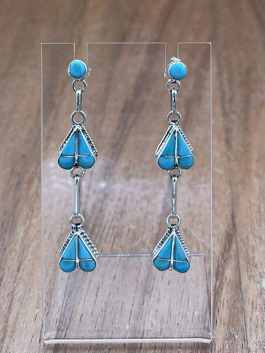 Native American Zuni Handmade Silver Inlay Turquoise Post Dangle Drop Earrings