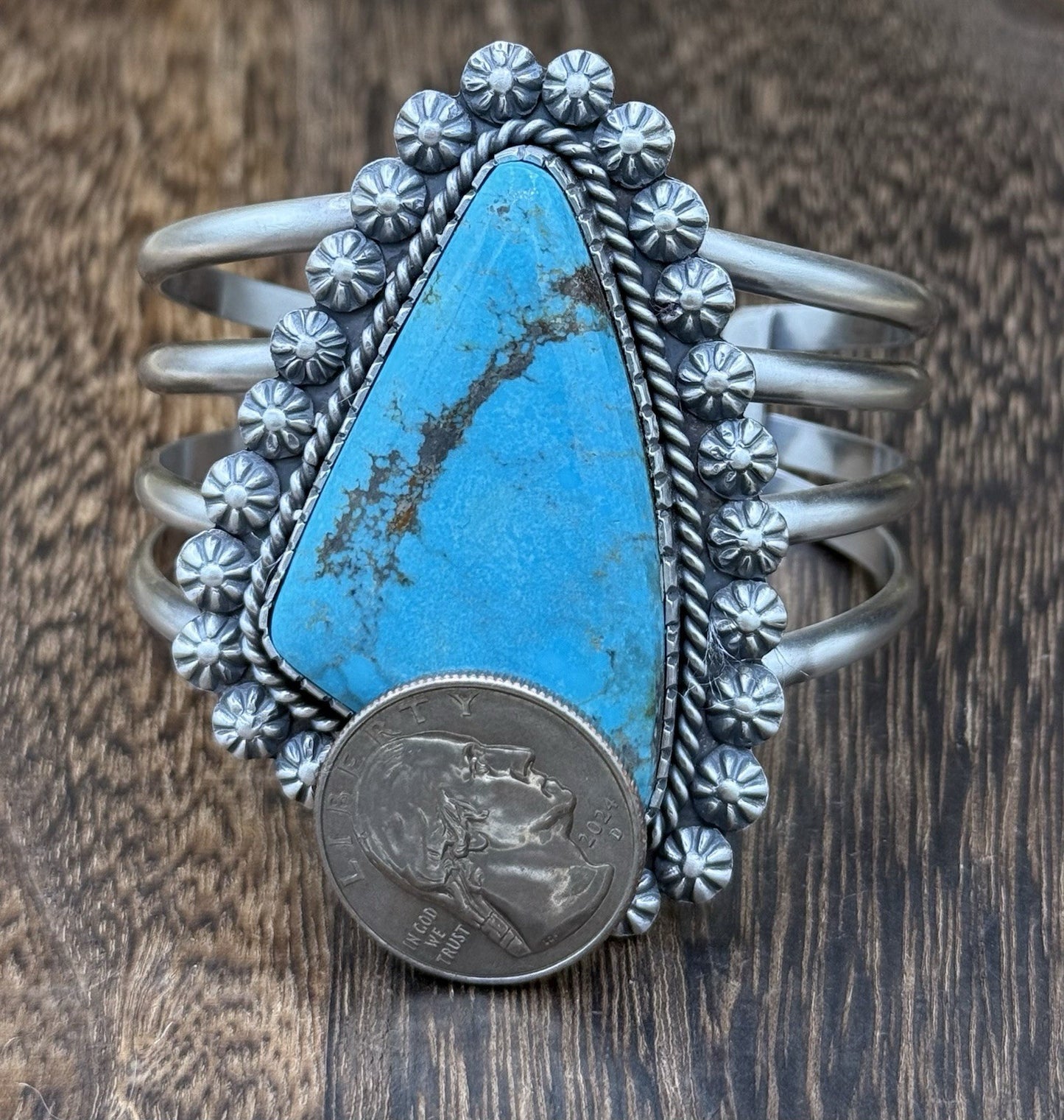 Native Navajo Handmade Sterling Silver Kingman Turquoise Old Look Cuff Bracelet