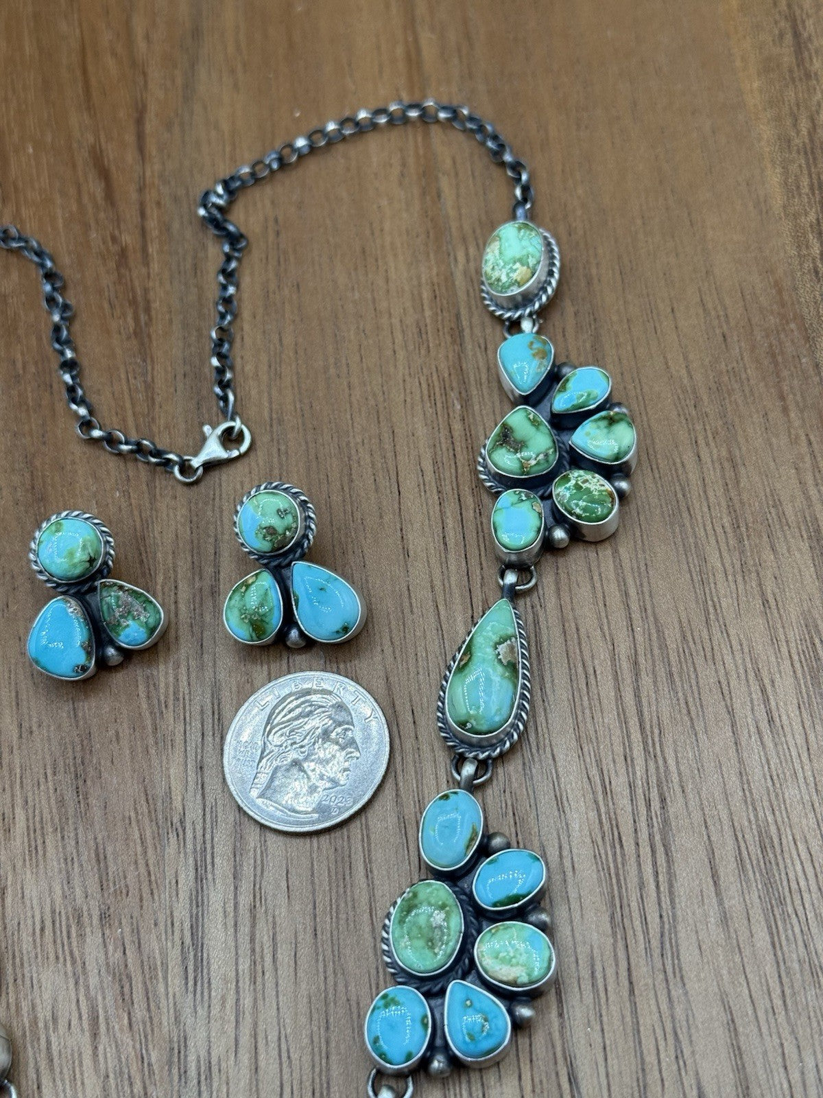Navajo Handmade Sterling Silver Sonoran Turquoise Cluster Lariat Necklace 24”