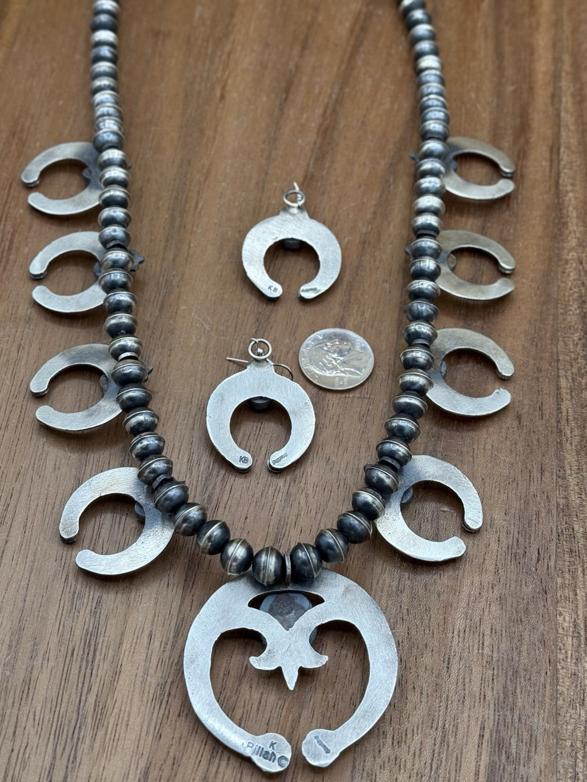 Navajo Handmade Sterling Silver Kingman Turquoise Squash Blossom Set By Kevin B.