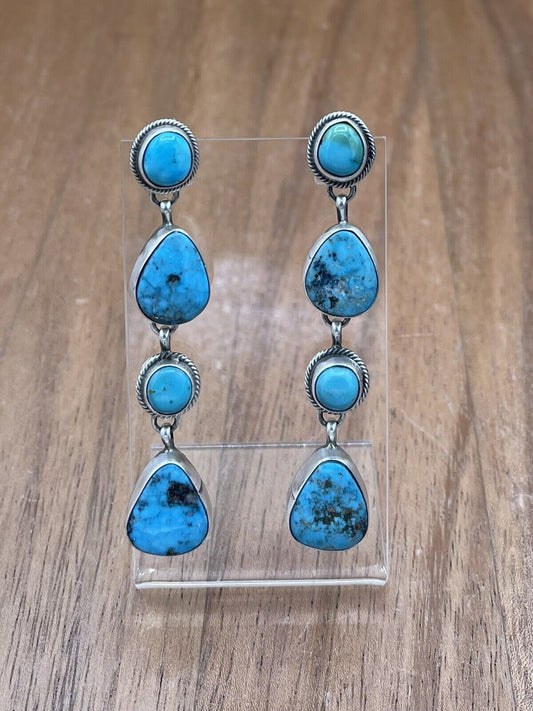 Native American Silver Navajo Handmade Kingman Turquoise Post Dangle Earrings