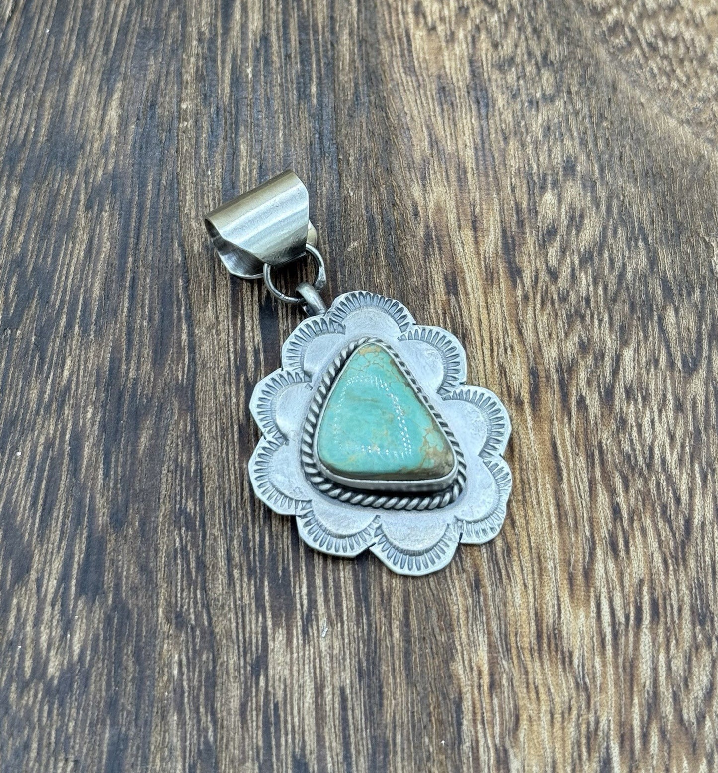 Navajo Handmade Sterling Silver Royston Turquoise Stamped Design Drop Pendant