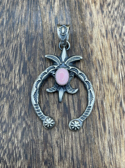 Native American Indian  Navajo Handmade Silver Old Look Pink Concho Naja Pendant