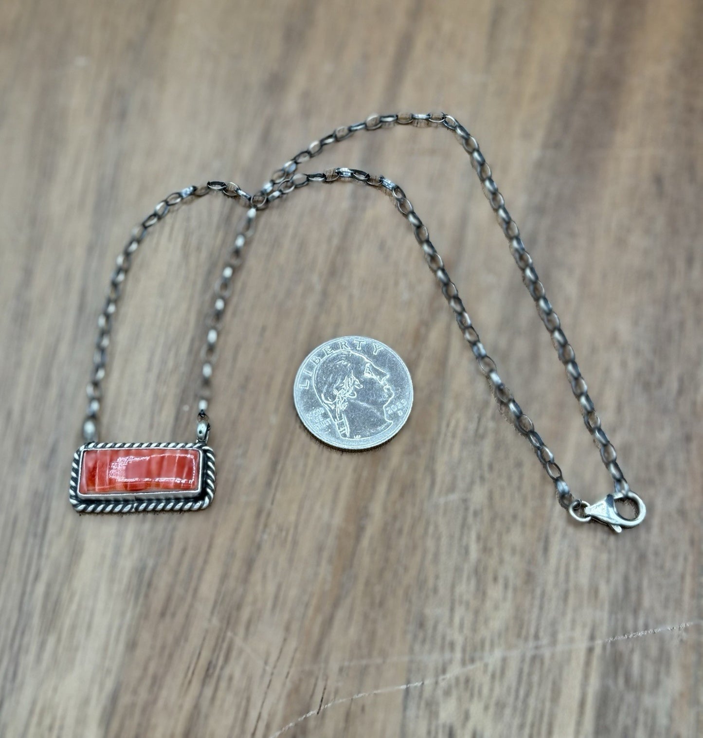 Navajo Handmade Sterling Silver Red Spiny Oyster Bar Necklace 16” Judith Dixon