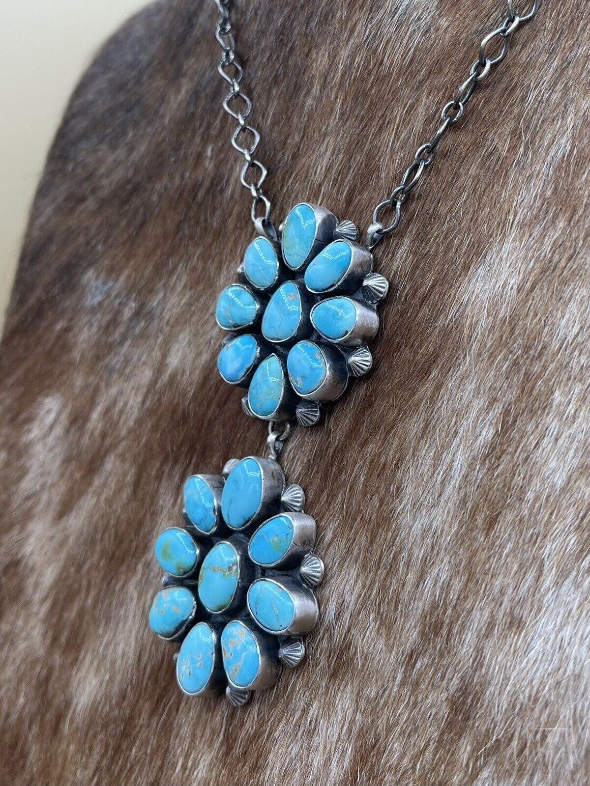 Native American Navajo Handmade Silver Kingman Turquoise Double Cluster Necklace