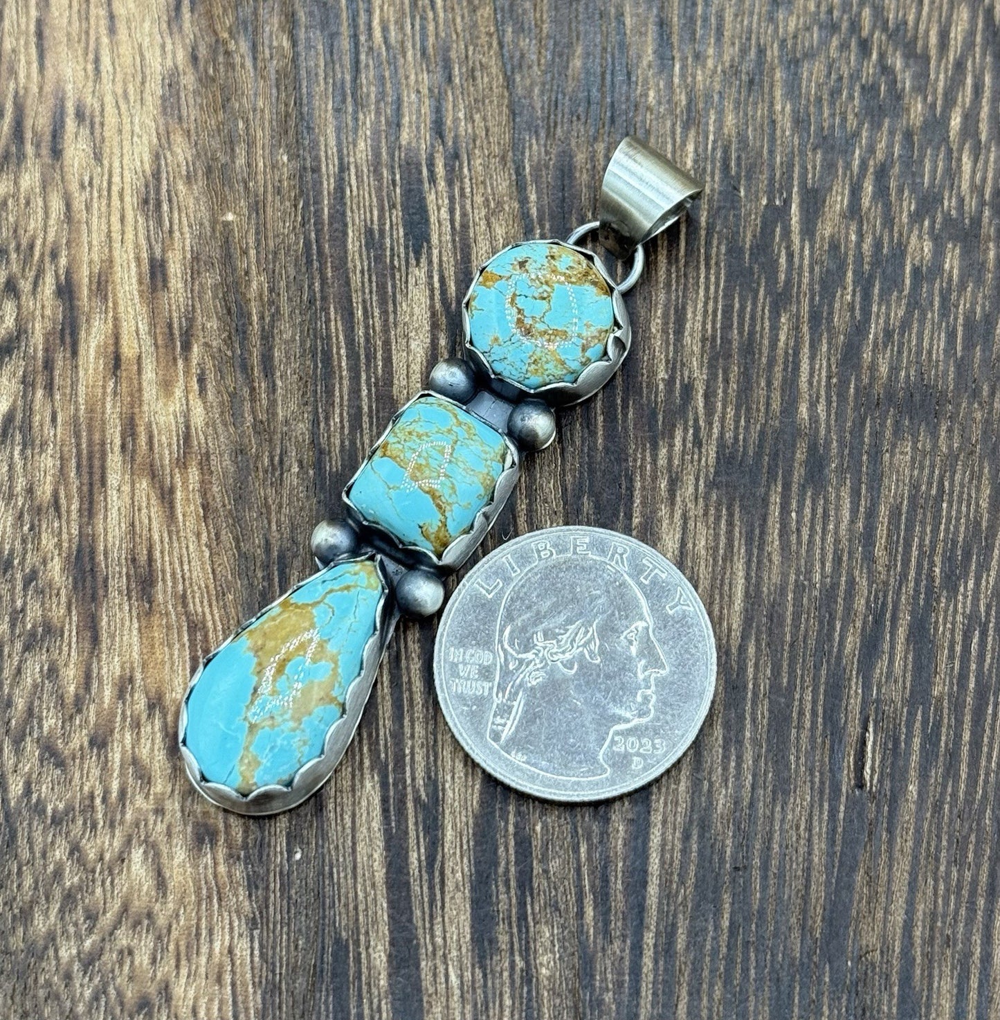 Navajo Handmade Sterling Silver Blue Glacier Turquoise Cluster Drop Pendant