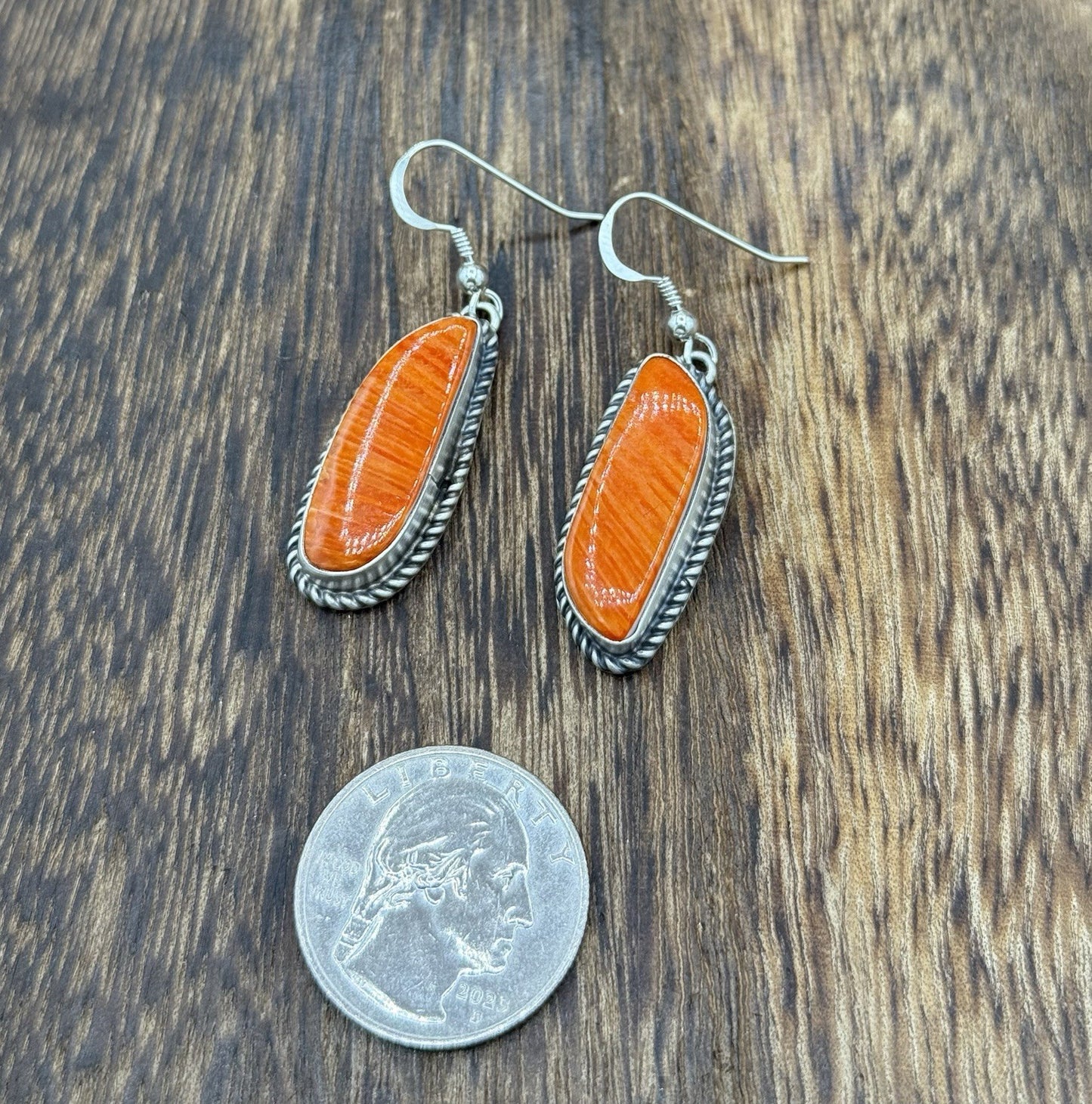 Native Navajo Handmade Sterling Silver Orange Spiny Oyster Shell Dangle Earrings