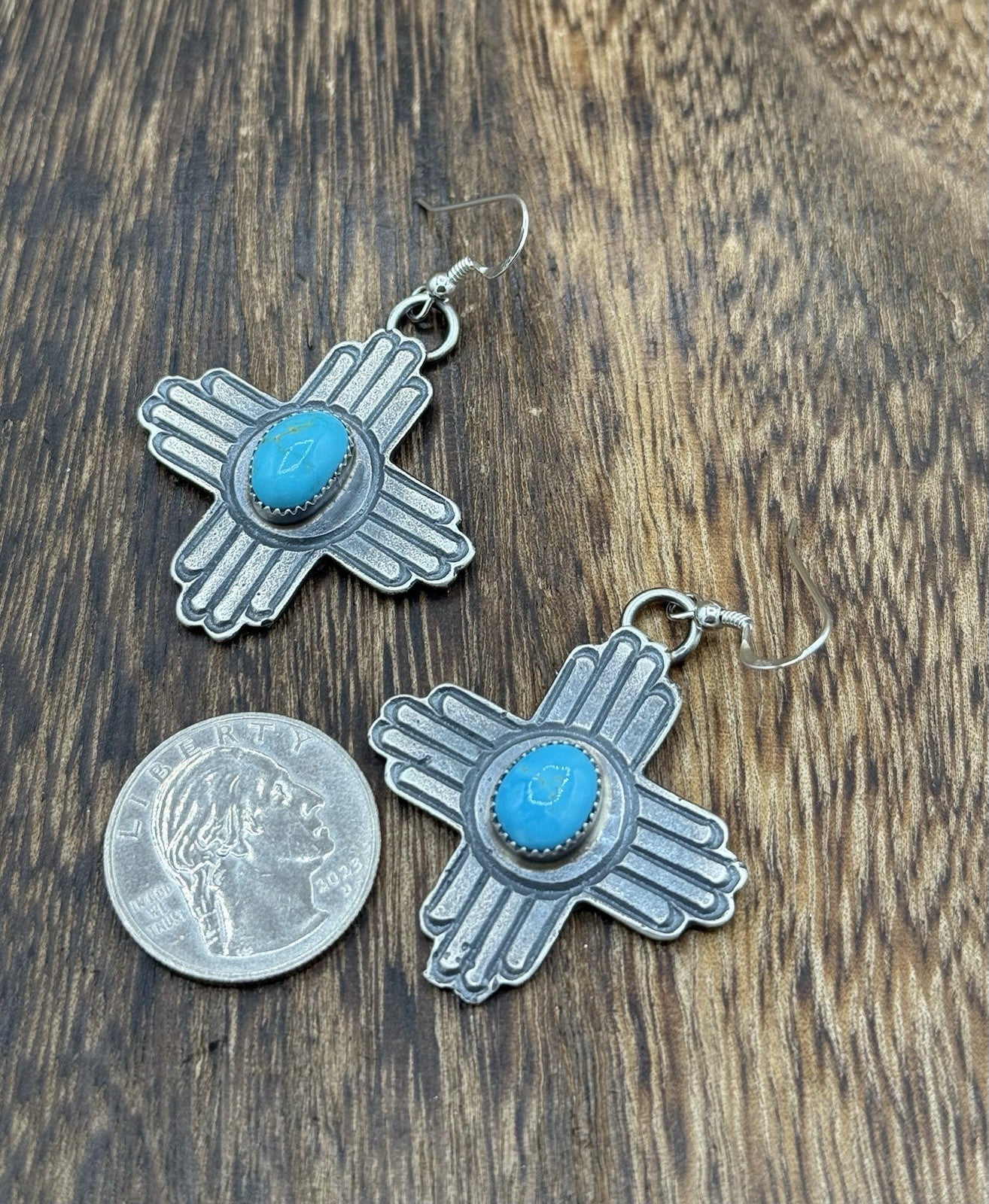 Navajo Handmade Sterling Silver Zia Kingman Turquoise Earrings Kevin Billah
