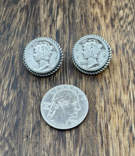 Native American Navajo Handmade Sterling Silver Liberty Dime Coin Post earrings
