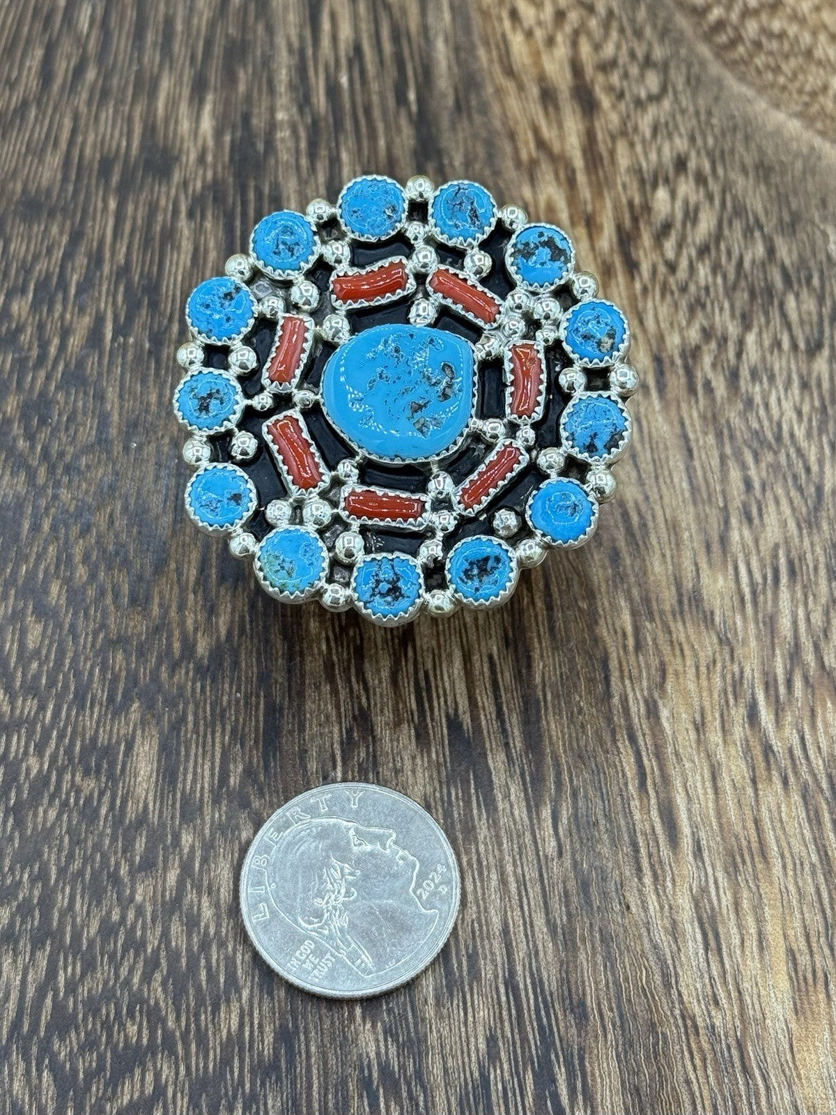 Navajo Handmade Sterling Silver Sleeping Beauty Turquoise & Coral Adjustable 6-9