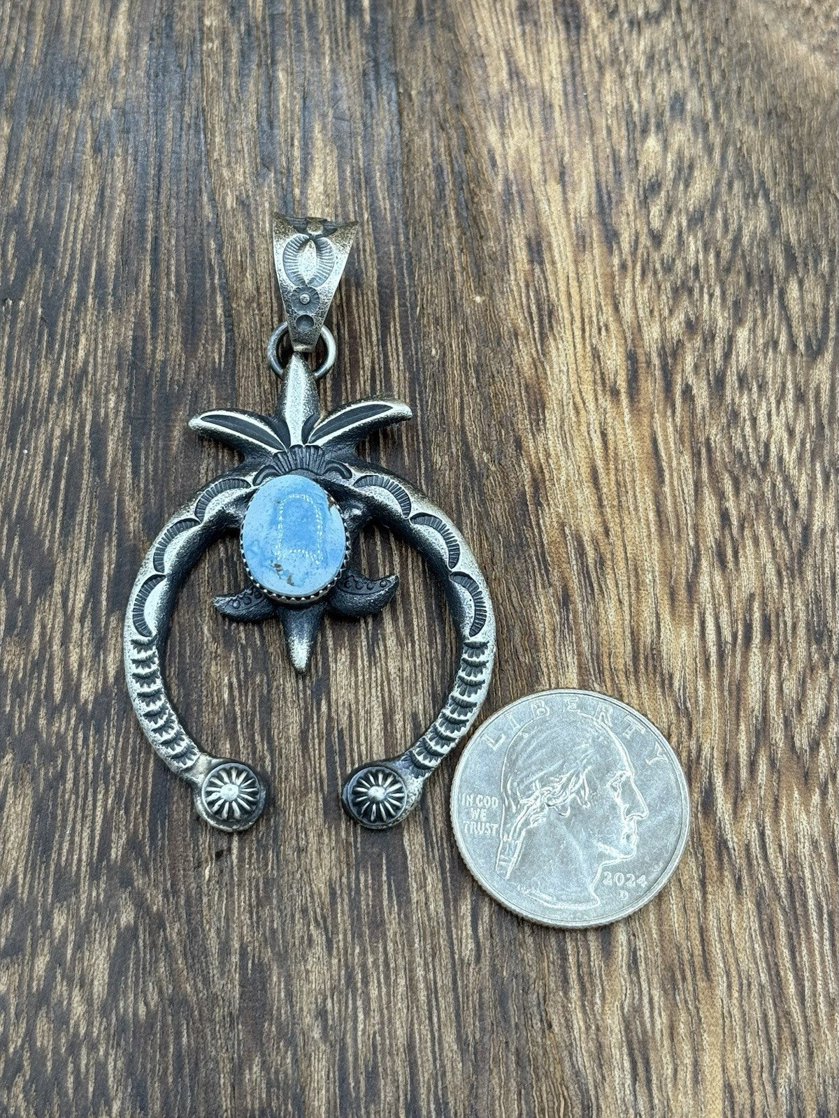 Navajo Handmade Sterling Silver Old Look Golden Hills Turquoise Naja Pendant