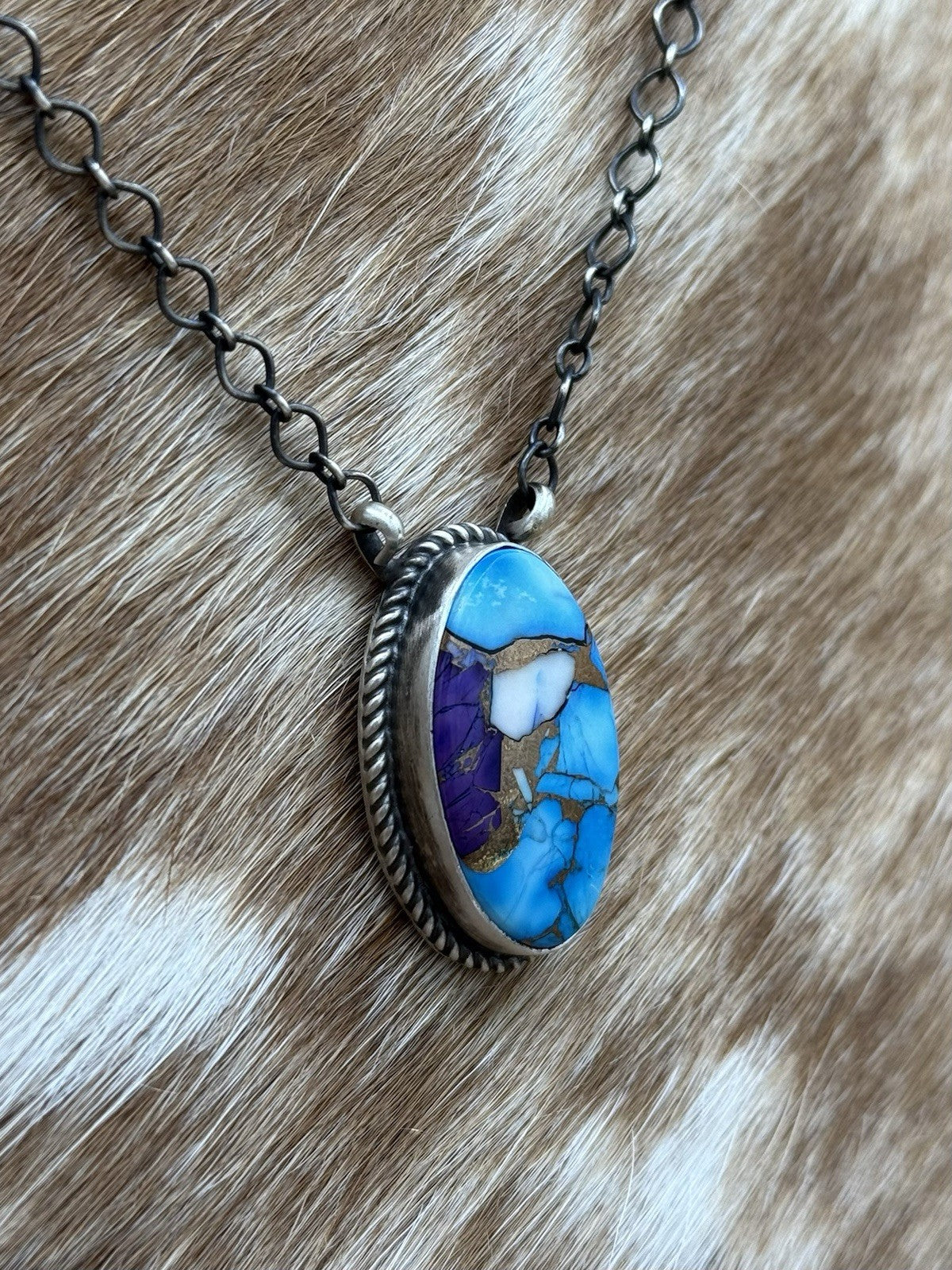 Navajo Handmade Sterling Silver Violet Rose & Blue Dahlia Bar Necklace 18”