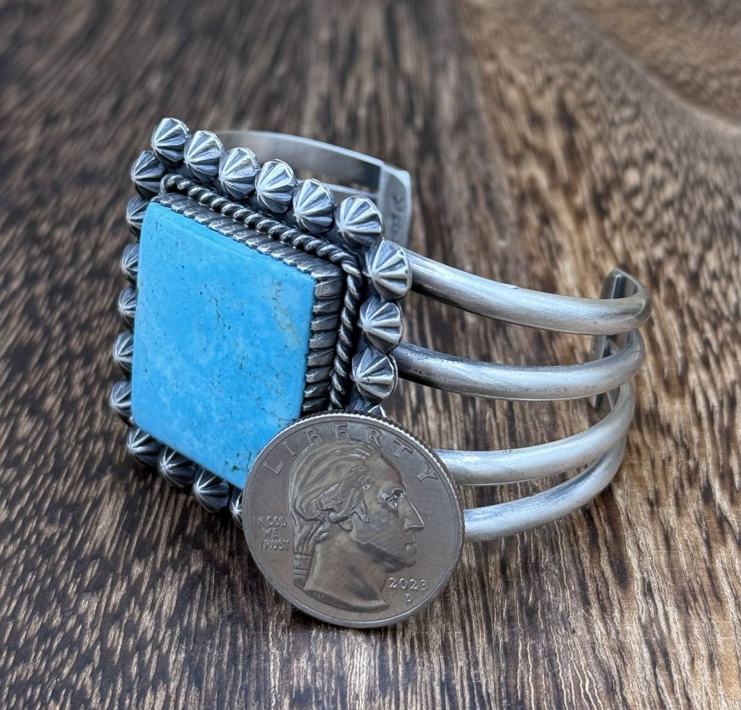 Native Navajo Handmade Sterling Silver Kingman Turquoise Old Look Cuff Bracelet