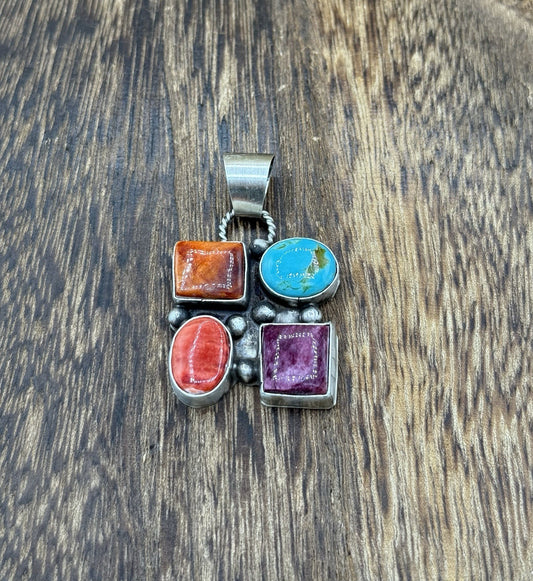 Navajo Handmade Sterling Silver Multi Color Turquoise Spiny Cluster Pendant