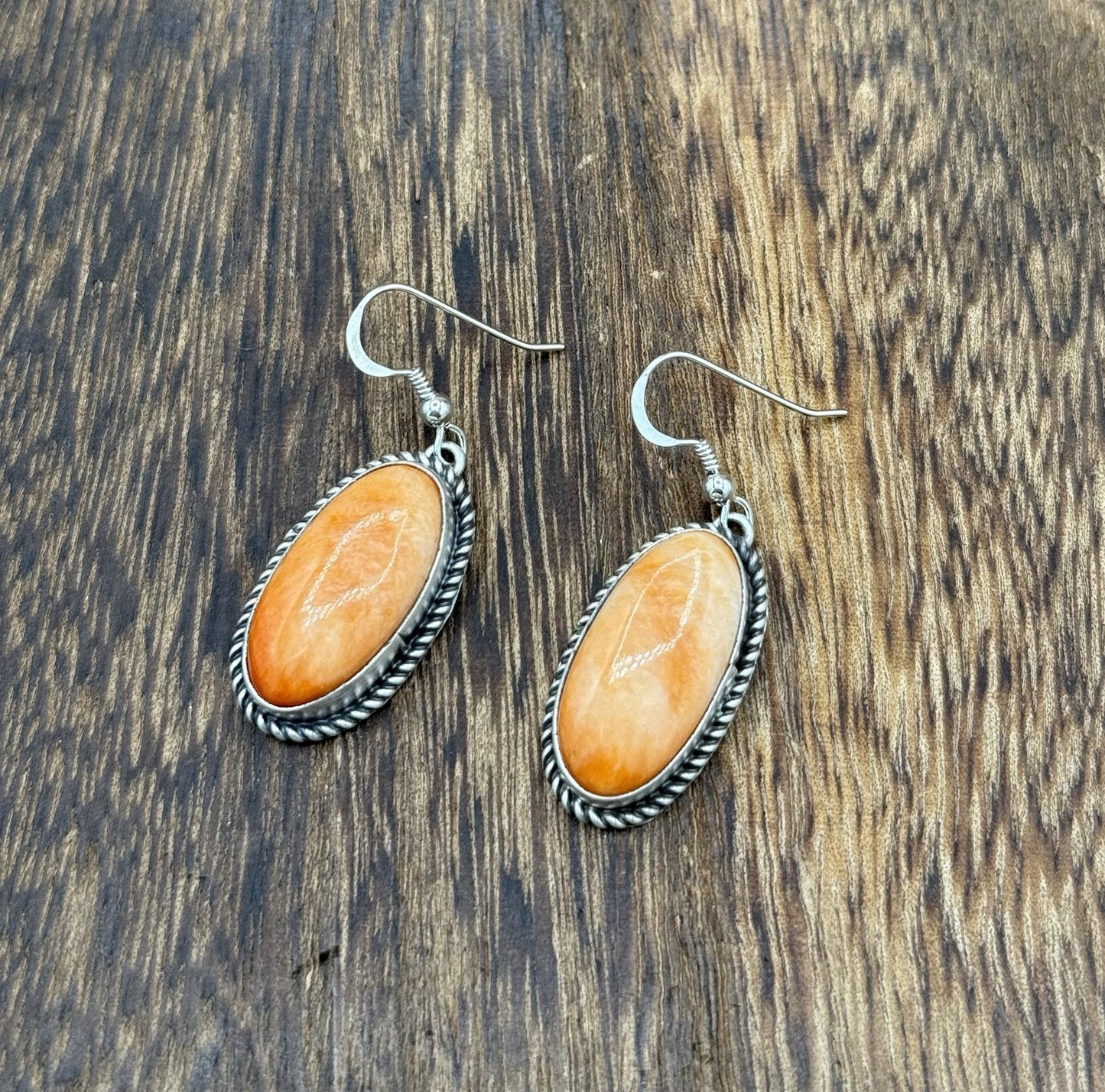 Native Navajo Handmade Sterling Silver Orange Spiny Oyster Shell Dangle Earrings