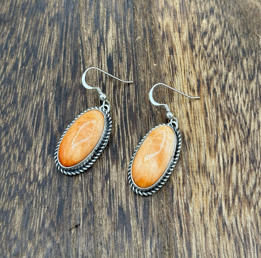 Native Navajo Handmade Sterling Silver Orange Spiny Oyster Shell Dangle Earrings