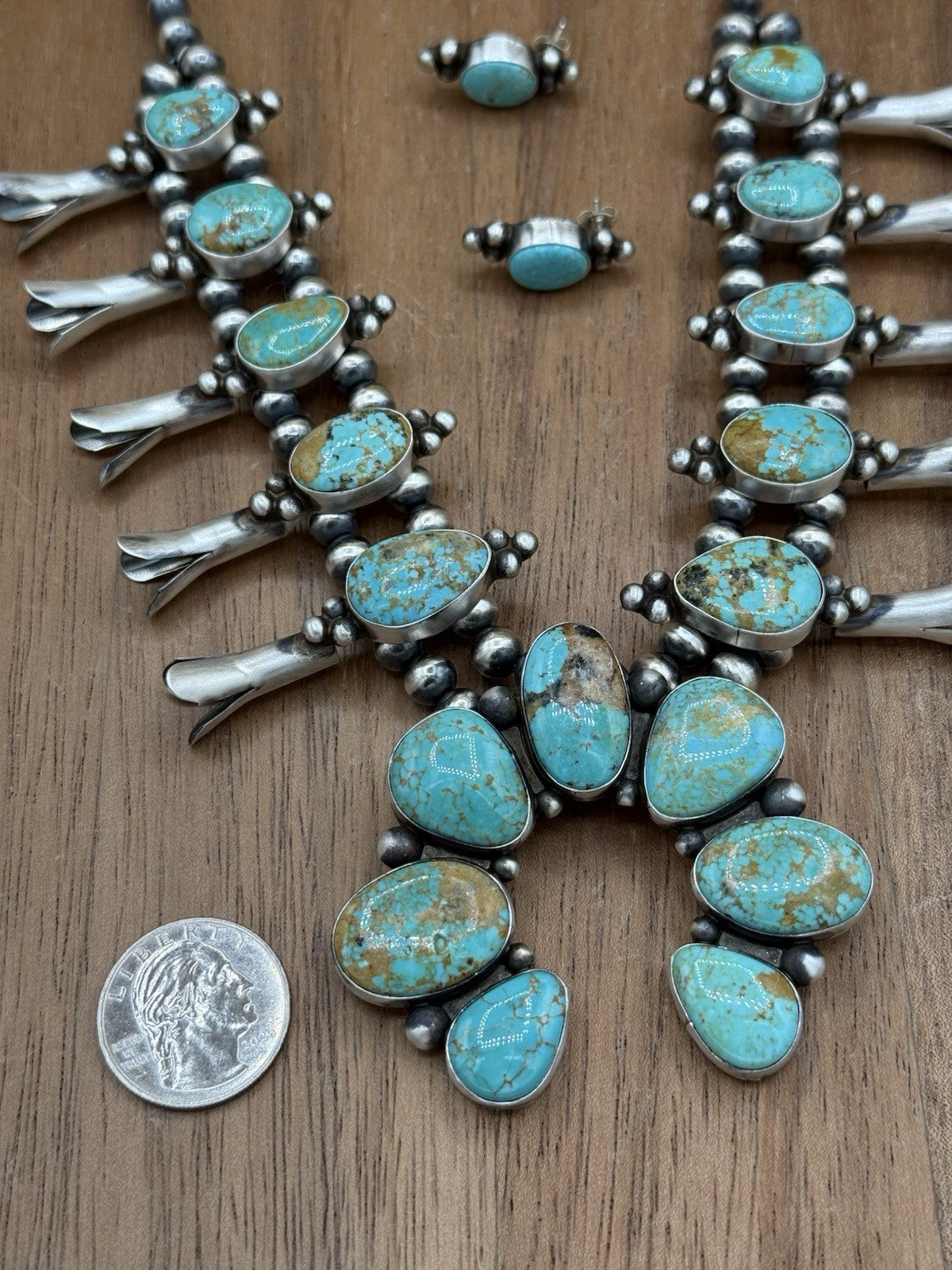 Navajo Handmade Sterling Silver Kingman Turquoise Squash Blossom Necklace 20”