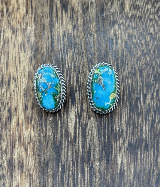 Navajo Handmade Sterling Silver Sonoran Gold Turquoise Post Stud Earrings