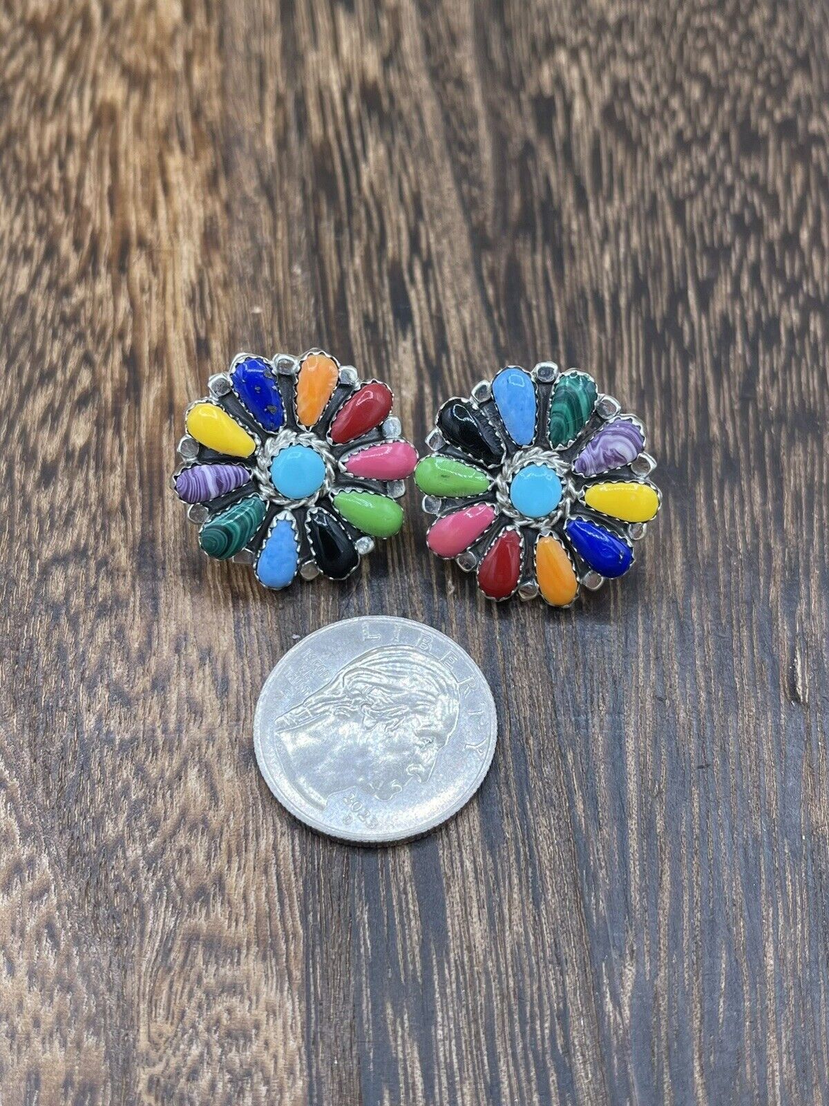 Native American Navajo Handmade Sterling Silver Multicolor Cluster Stud Earrings