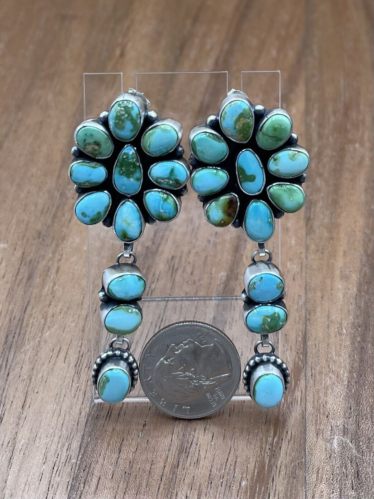 Native American Navajo Handmade Silver Sonoran Gold Turquoise Cluster Earrings