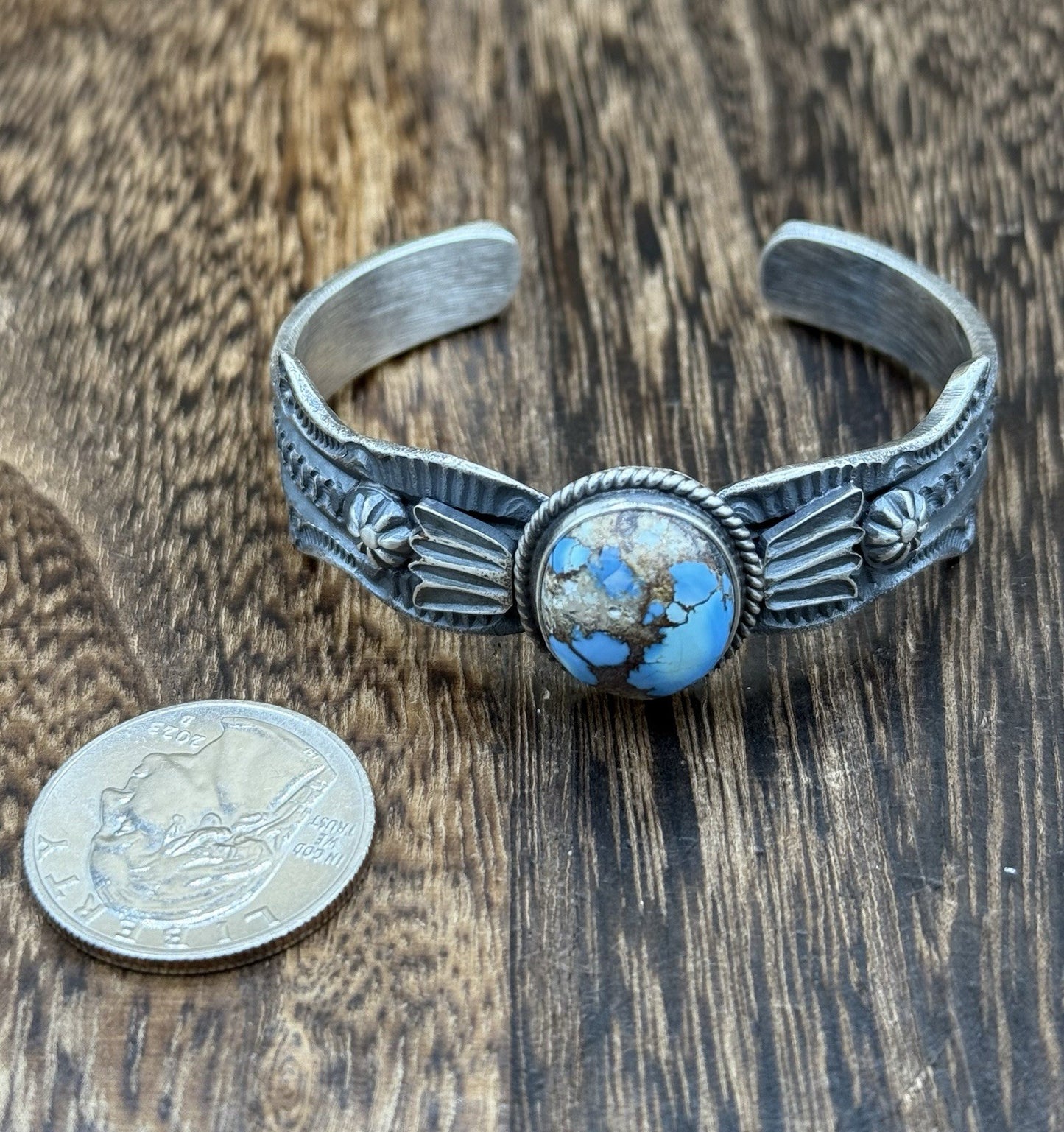 Navajo Handmade Sterling Silver Golden Hills Turquoise Old look Cast Bracelet