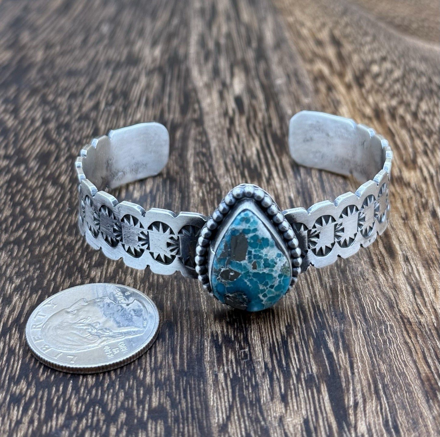 Navajo Handmade Sterling Silver Blue Bird Turquoise Stacker Cuff Bracelet