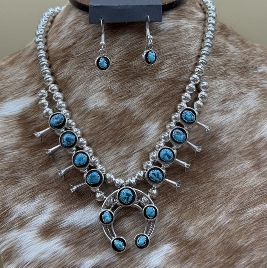 Navajo Handmade Sterling Silver Turquoise Shadowbox Squash Blossom Necklace 17”