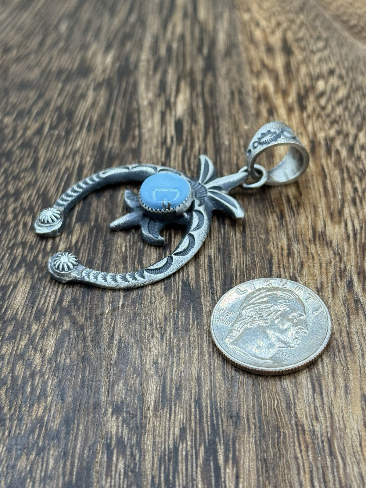 Navajo Handmade Sterling Silver Old Look Golden Hills Turquoise Naja Pendant