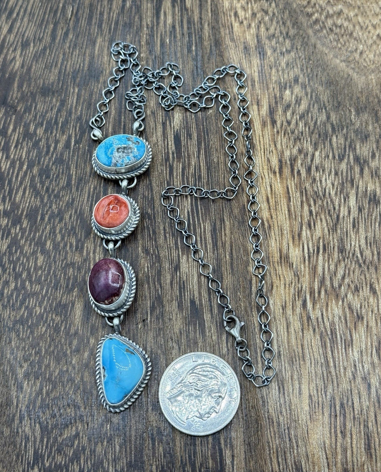 Navajo Handmade Sterling Silver Multi Color Mixed Stone Lariat Necklace 18”