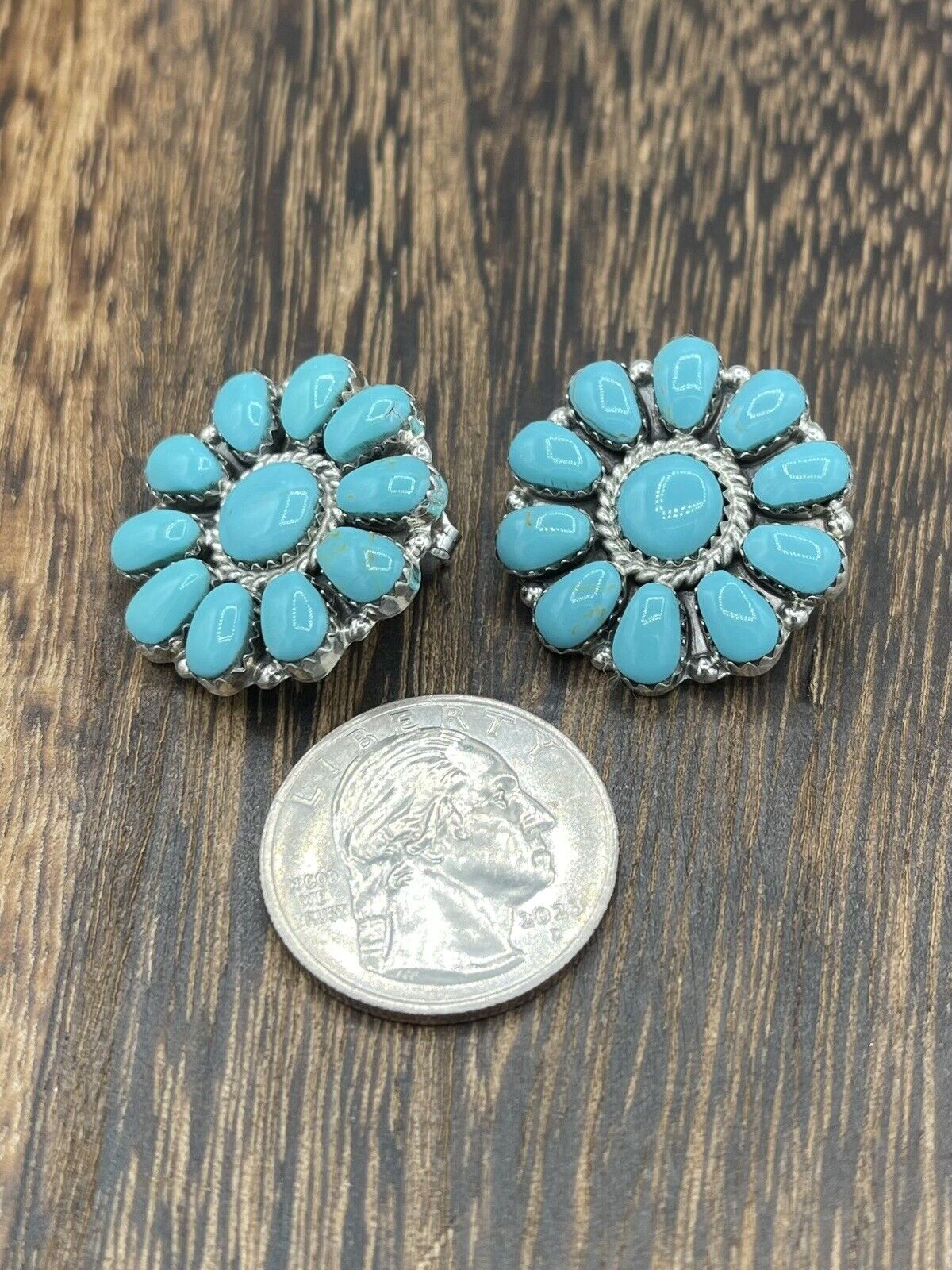 Native American sterling silver Navajo Handmade Turquoise Cluster Post earrings