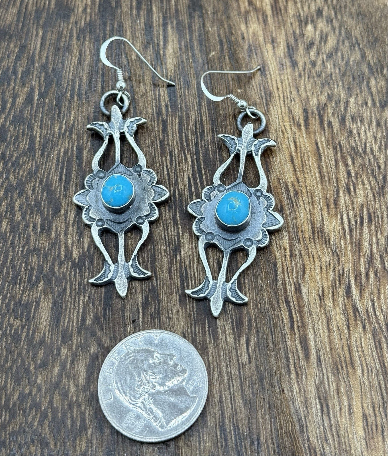 Navajo Handmade Sterling Silver Old Look Kingman Turquoise Earrings Kevin Billah