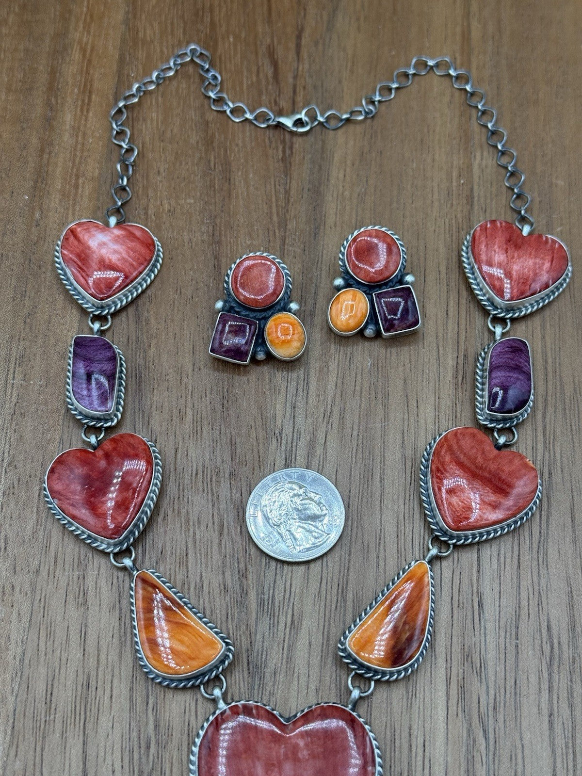 Navajo Handmade Sterling Silver Multi Spiny Oyster Shell Cluster Lariat Necklace