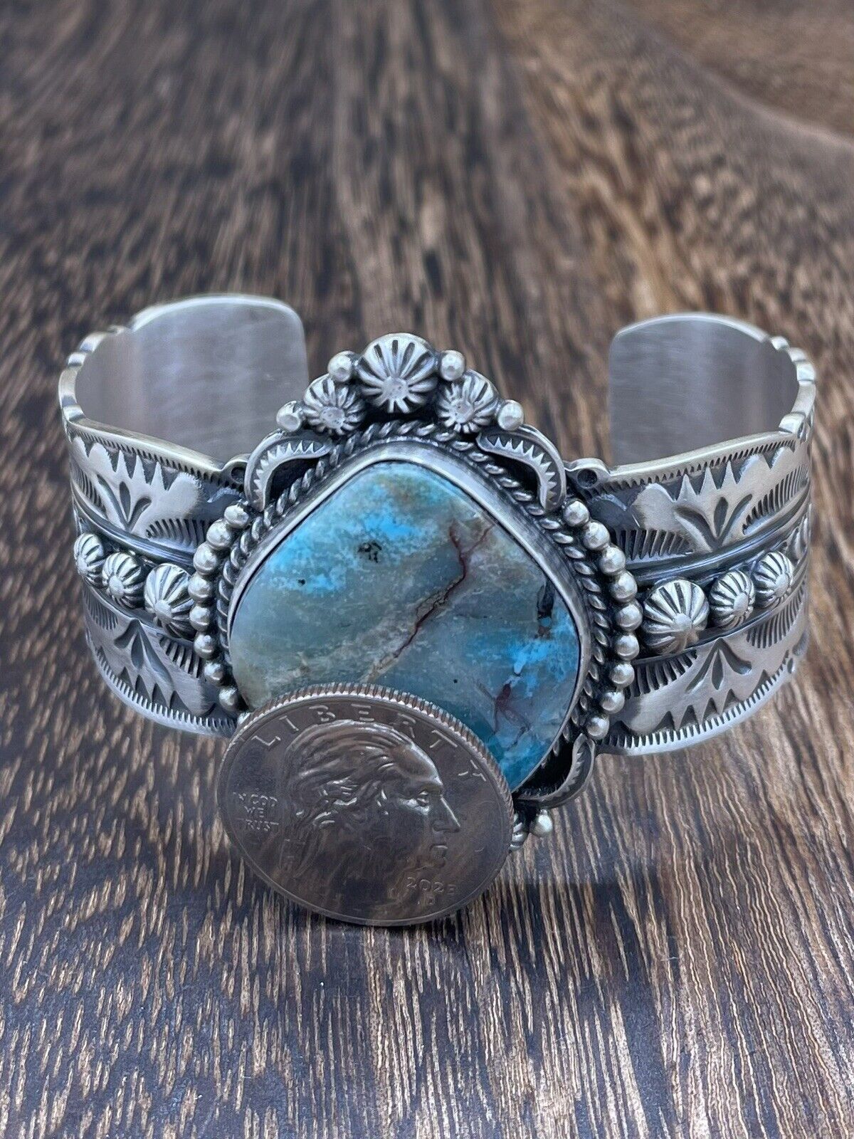 Native American Navajo Handmade Silver Smokey MT. Turquoise Cuff Bracelet Bennie