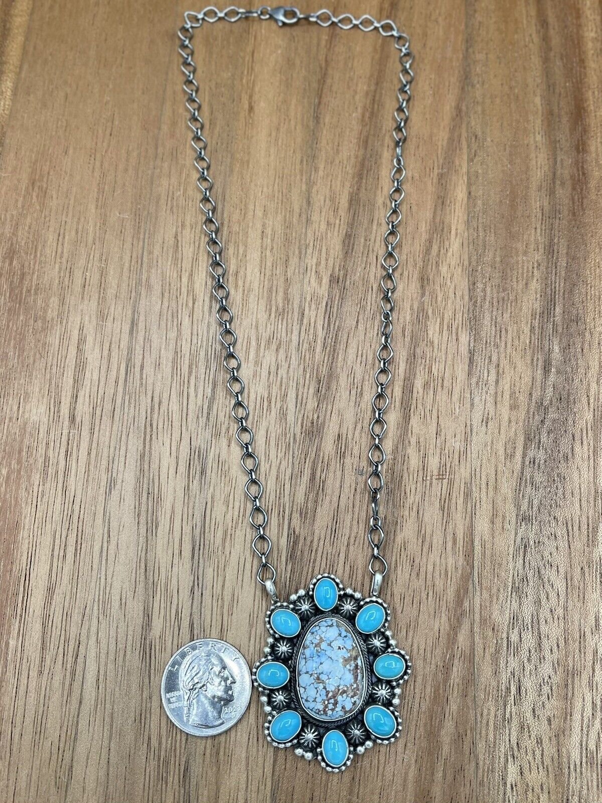 Native American Navajo Handmade Silver Turquoise Cluster Necklace 18 Inch