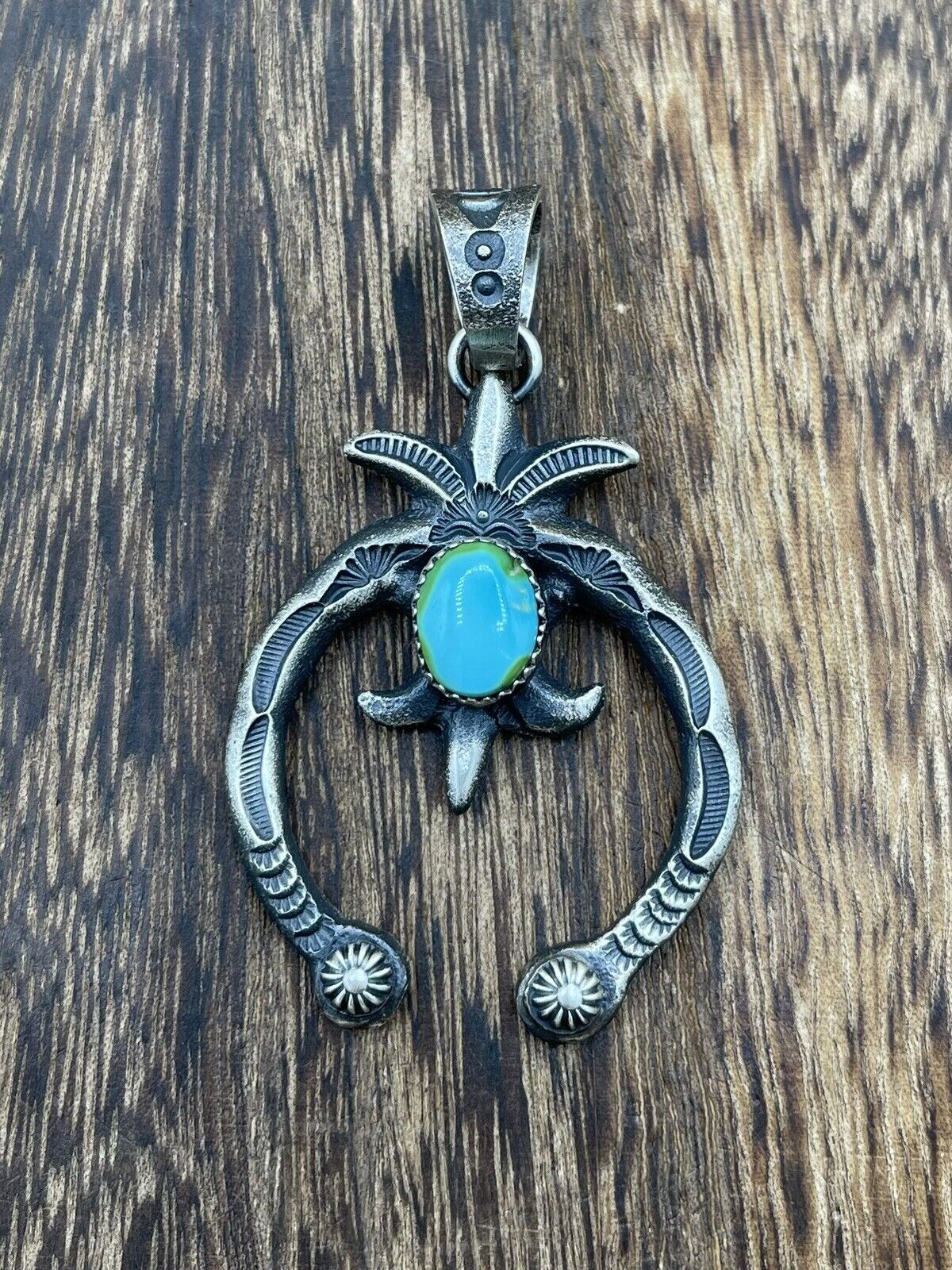 Native American Indian  Navajo Handmade Silver Old Look Turquoise Naja Pendant