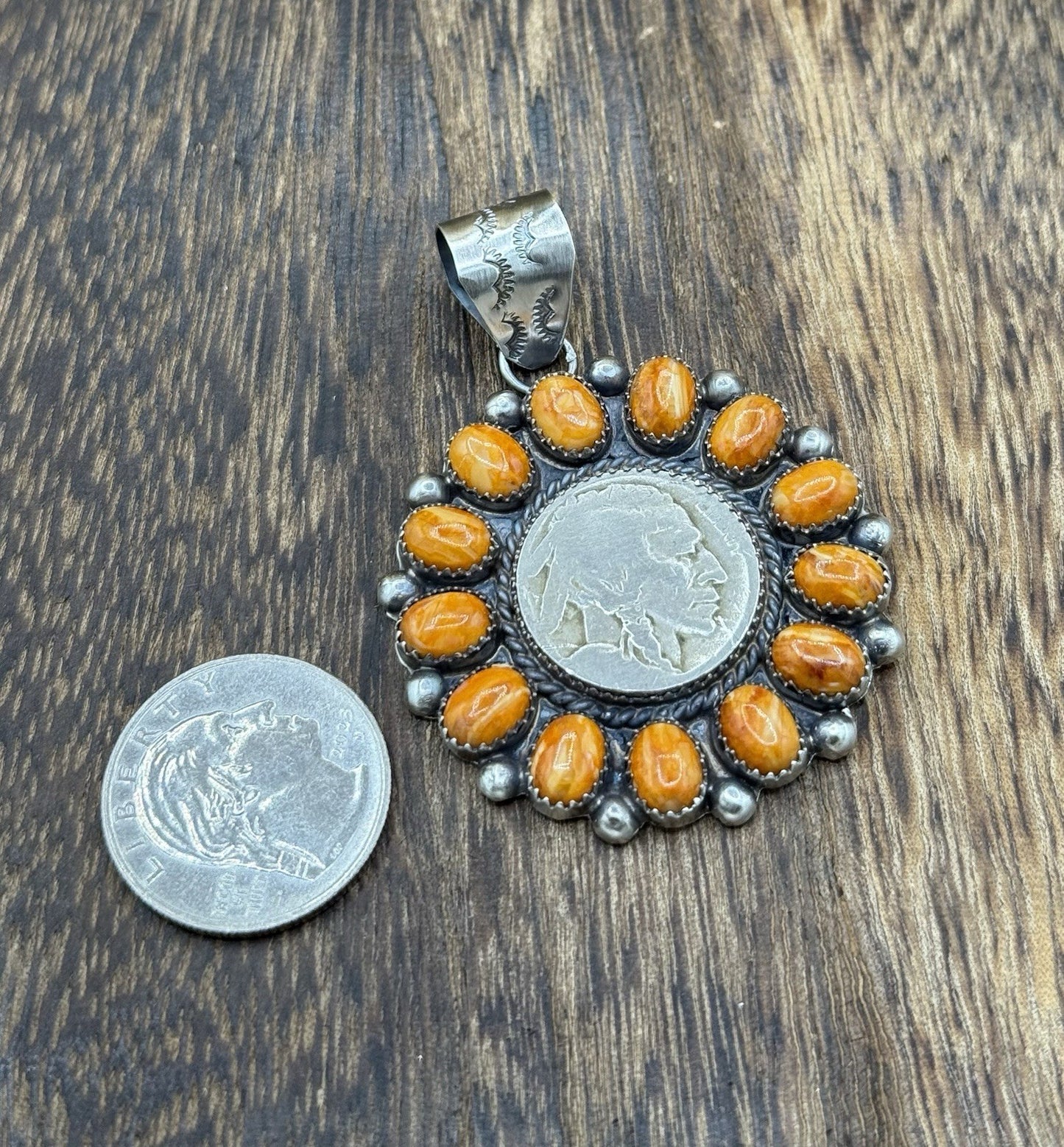 Navajo Handmade Sterling Silver Orange Spiny Oyster Cluster Buffalo Coin Pendant