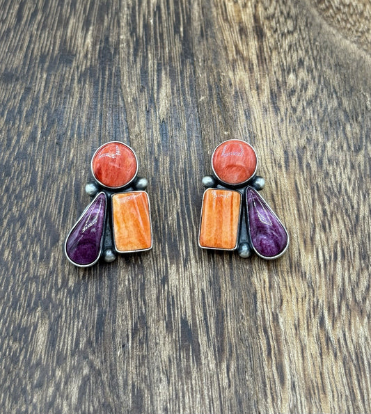 Navajo Handmade Sterling Silver Multi Color Spiny Oyster Shell Cluster Earrings