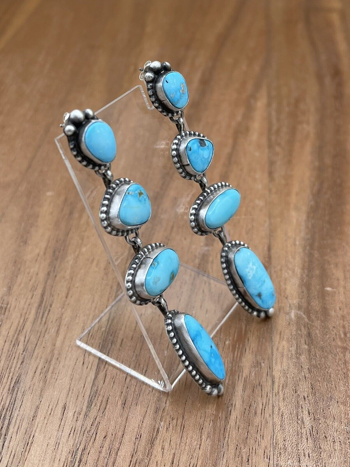 Native American Navajo Handmade Silver Kingman Turquoise Post Dangle Earrings