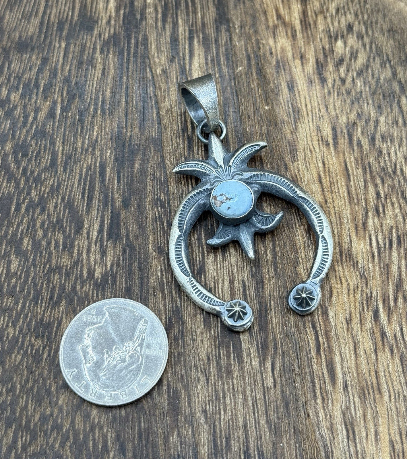 Navajo Handmade Sterling Silver Old Look Golden Hills Turquoise Naja Pendant