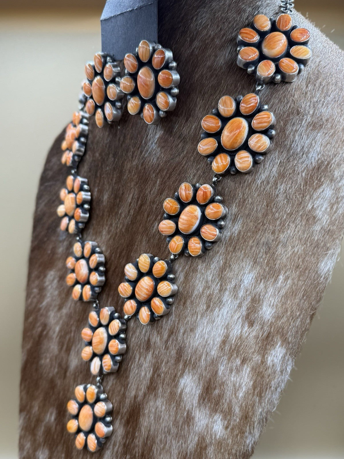 Navajo Handmade Silver Orange Spiny Oyster Cluster Lariat Dangle Necklace 24”