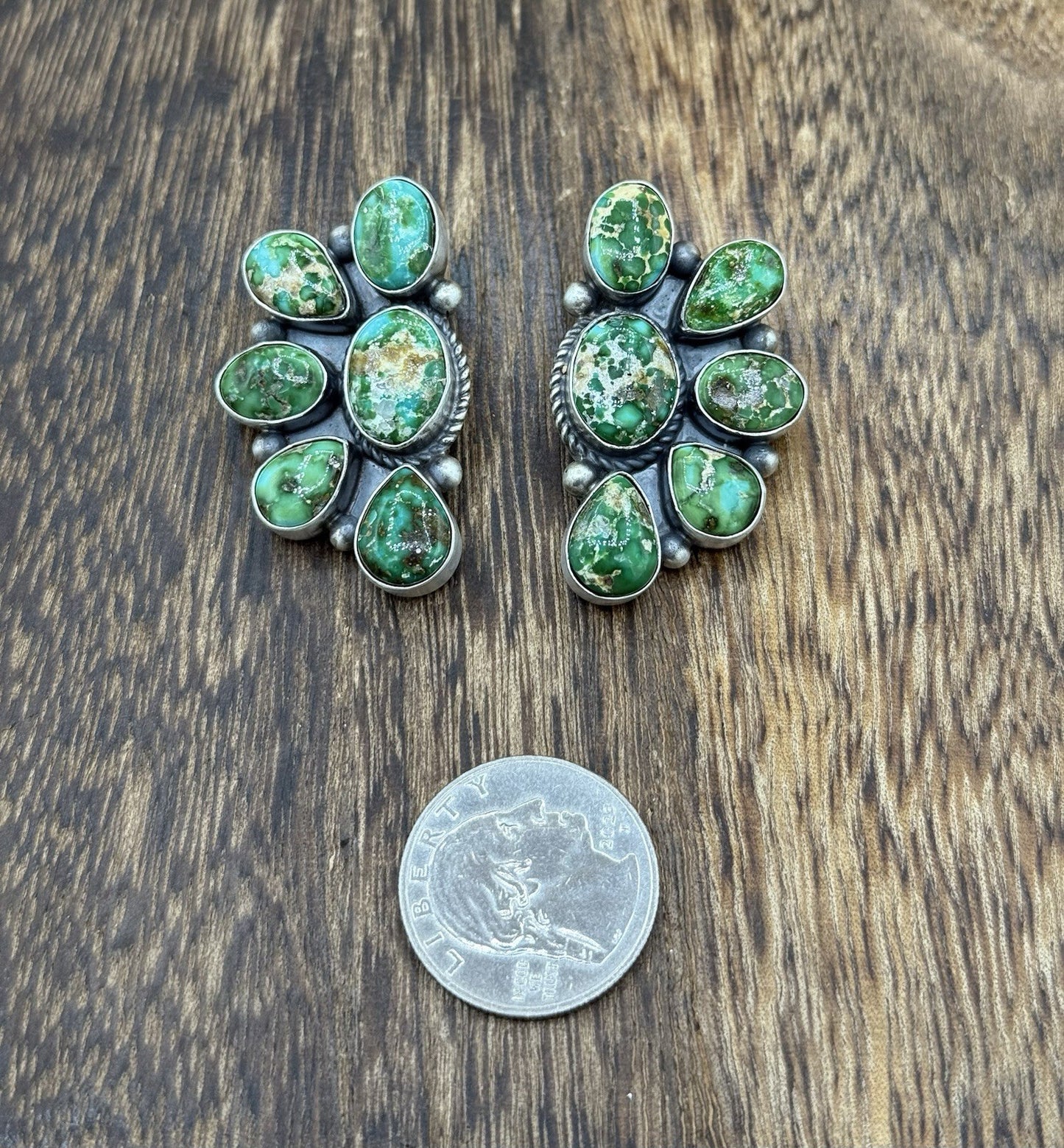Navajo Handmade Sterling Silver Sonoran Gold Turquoise Half Cluster Earrings