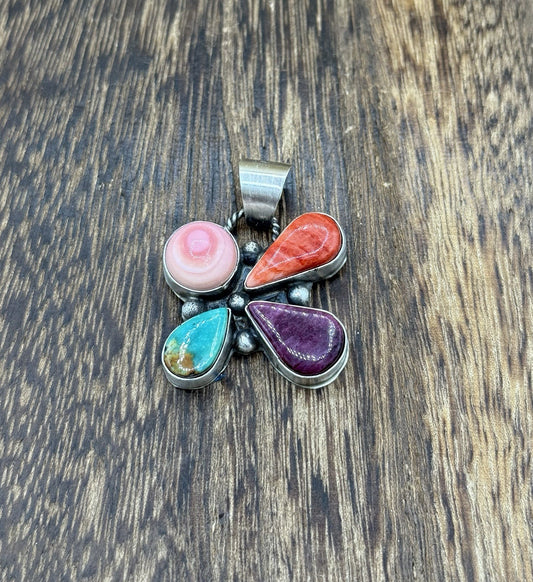 Navajo Handmade Sterling Silver Multi Color Turquoise Spiny Cluster Pendant
