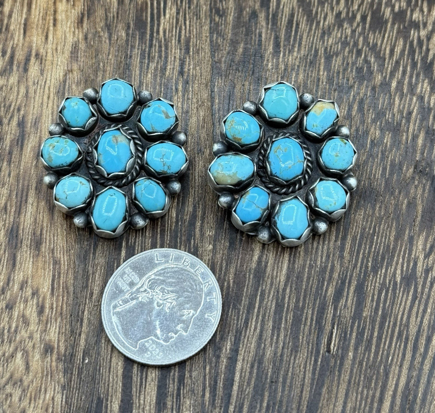 Native Navajo Handmade Sterling Silver Kingman Turquoise Cluster Post Earrings
