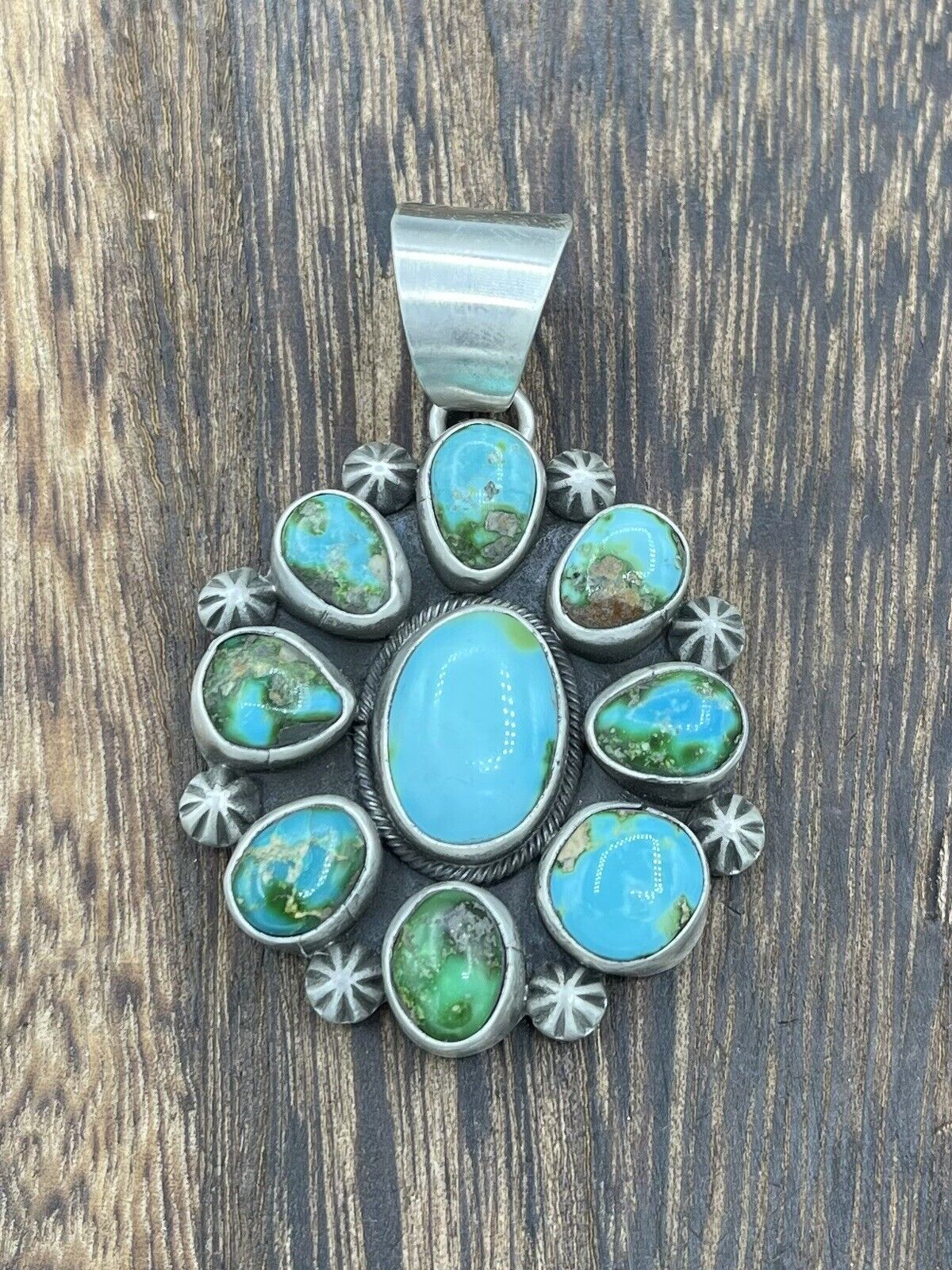 Native American Sterling Silver Navajo Handmade Turquoise Cluster Pendant