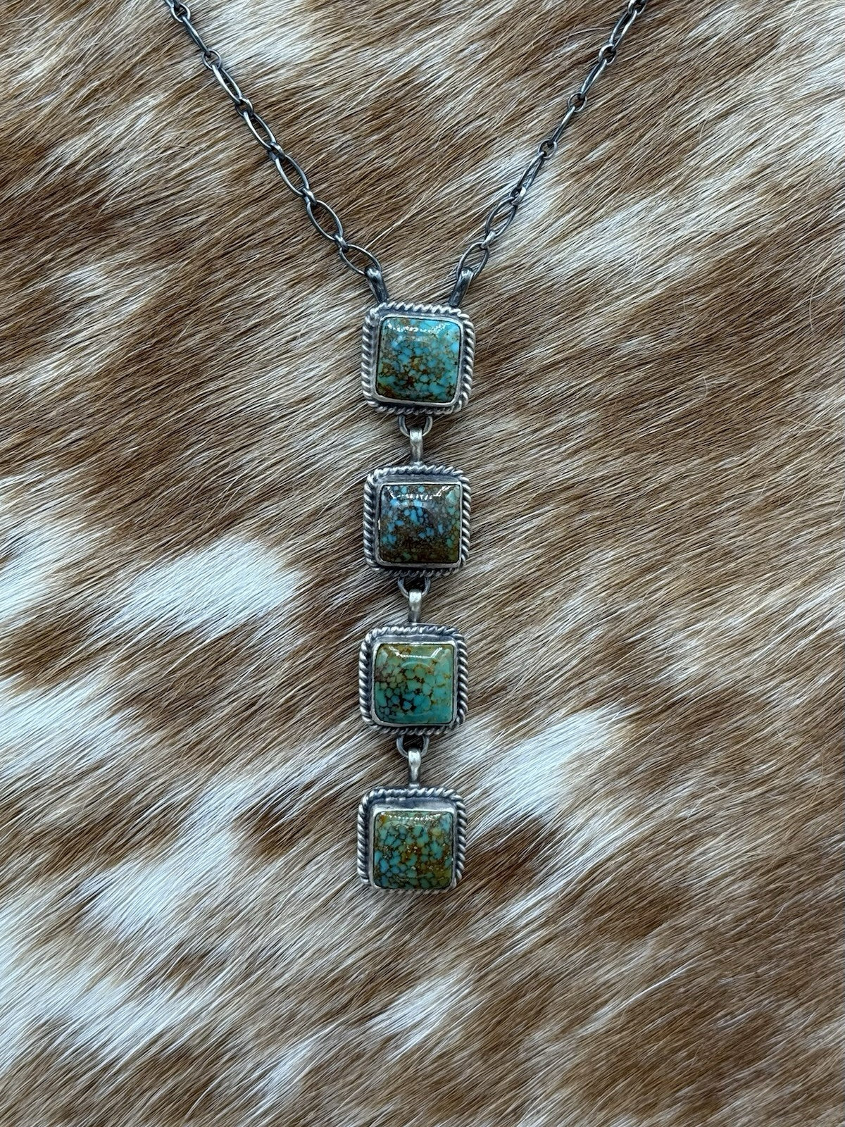 Native Navajo Handmade Sterling Silver Kingman Turquoise Lariat Necklace 18”