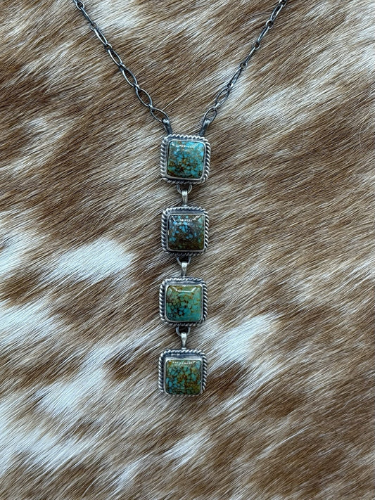 Native Navajo Handmade Sterling Silver Kingman Turquoise Lariat Necklace 18”
