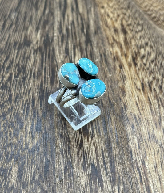 Navajo Handmade Sterling Silver White Water Turquoise Cluster Ring Size 8