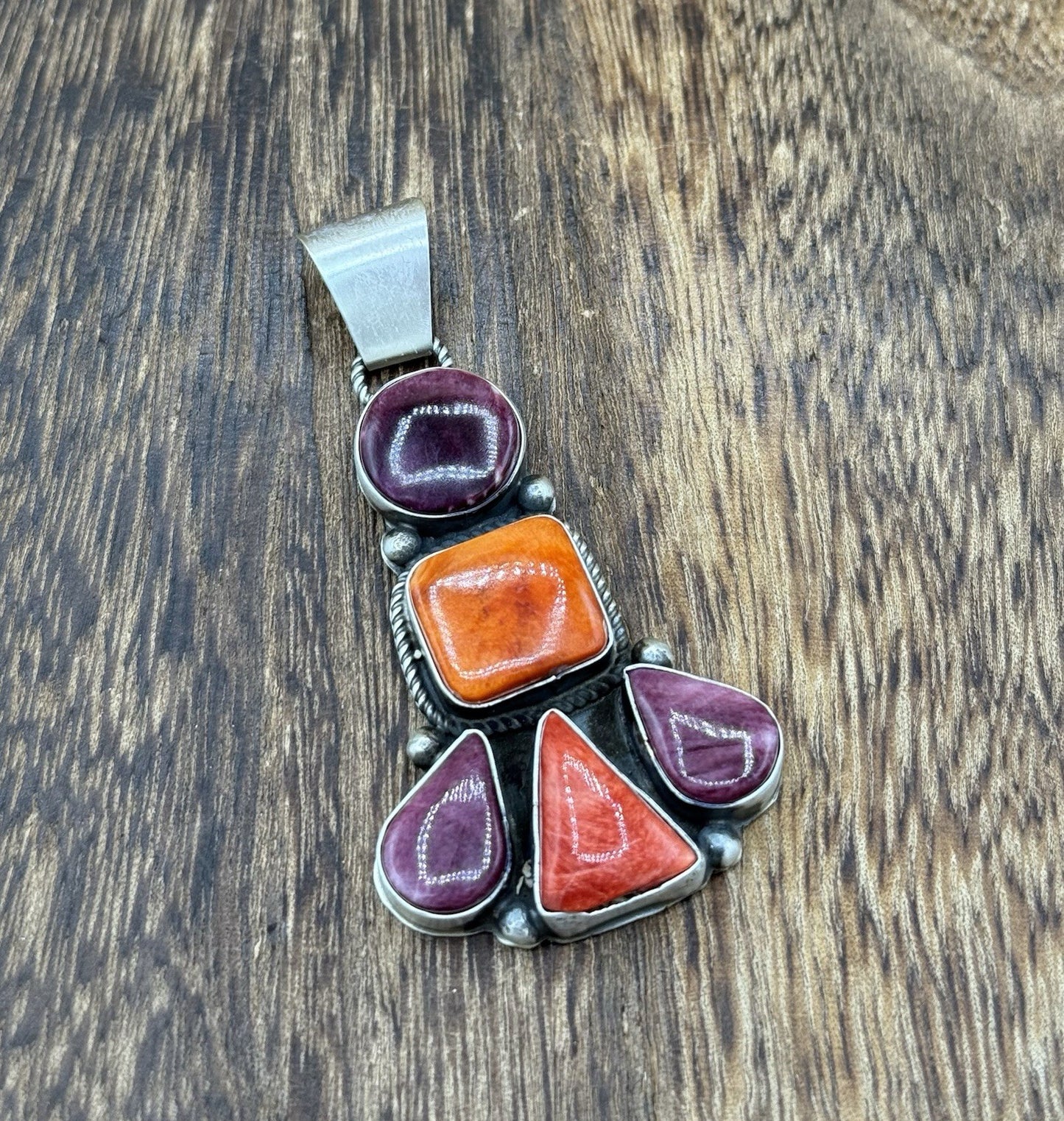 Native Navajo Handmade Sterling Silver Multi Spiny Oyster Shell Cluster Pendant