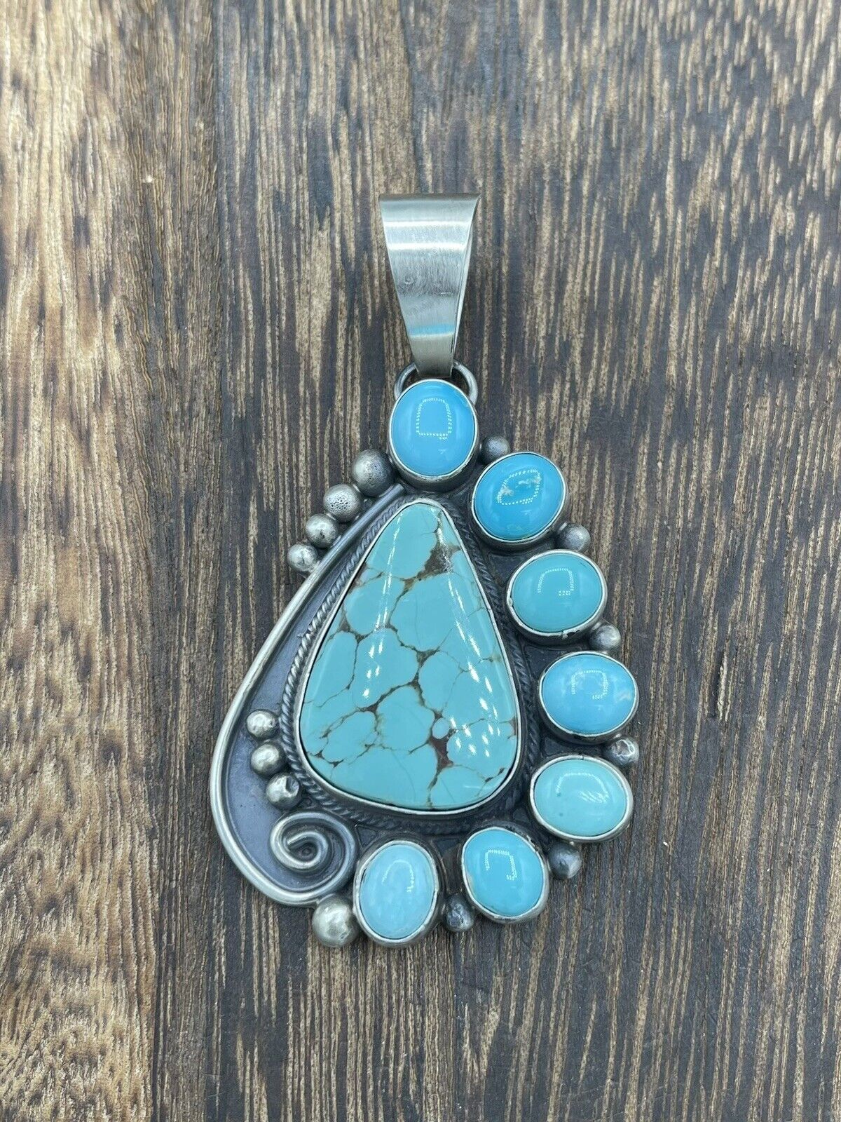 Native American Navajo  Silver Handmade Turquoise Cluster Pendant - Betta Lee